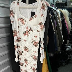 White and Pink Floral Corseted Bodycon Draped Dress Midi